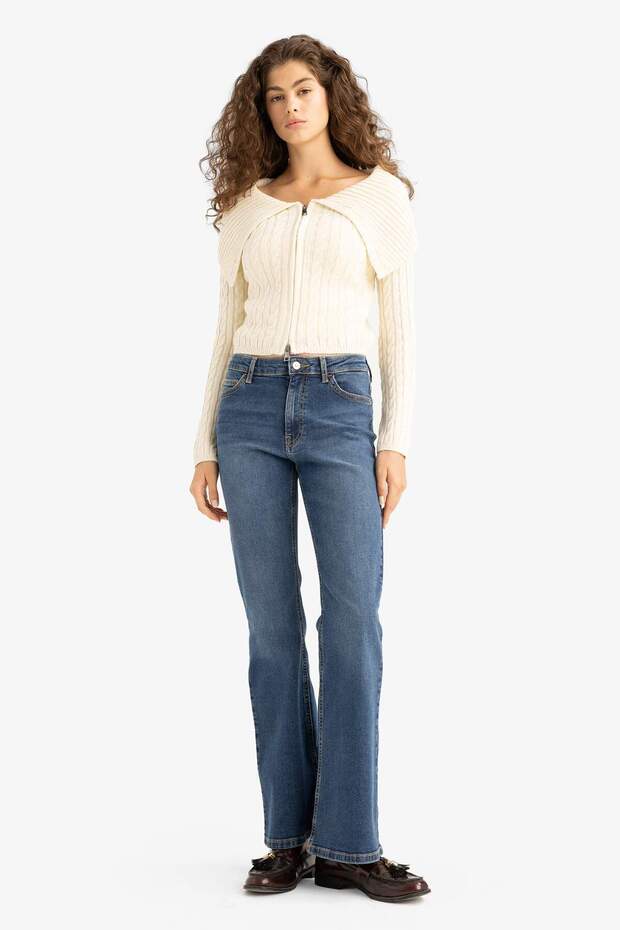 Regular Fit Açık Omuz Fermuarlı Triko Hırka E8263AX25WN - 2