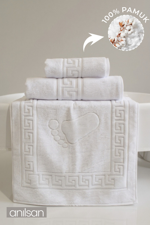 3-Piece White Greek Towel Set - 1 Hand Towel 50X90, 1 Bath Towel 70X140, 1 Foot Towel 50X70