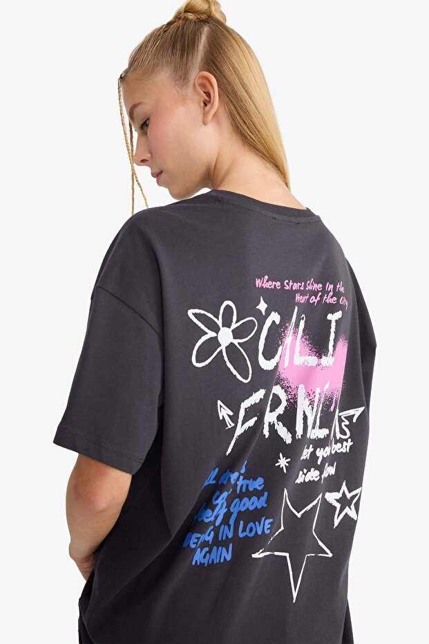 Oversized Wide Fit Crew Neck Back Printed Short Sleeve T-Shirt F8750Ax25Au
