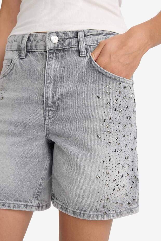 Yüksek Bel Jean Bermuda Şort F9968AX25AU - 5