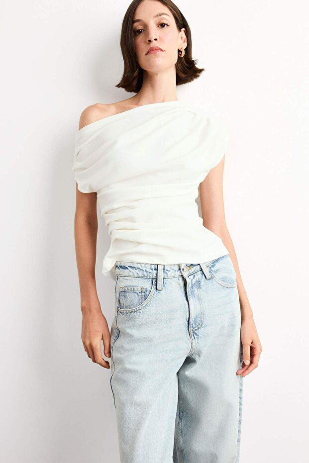 Fitted Basic Düz Tek Omuzlu Bluz F8993AX25SM - 3