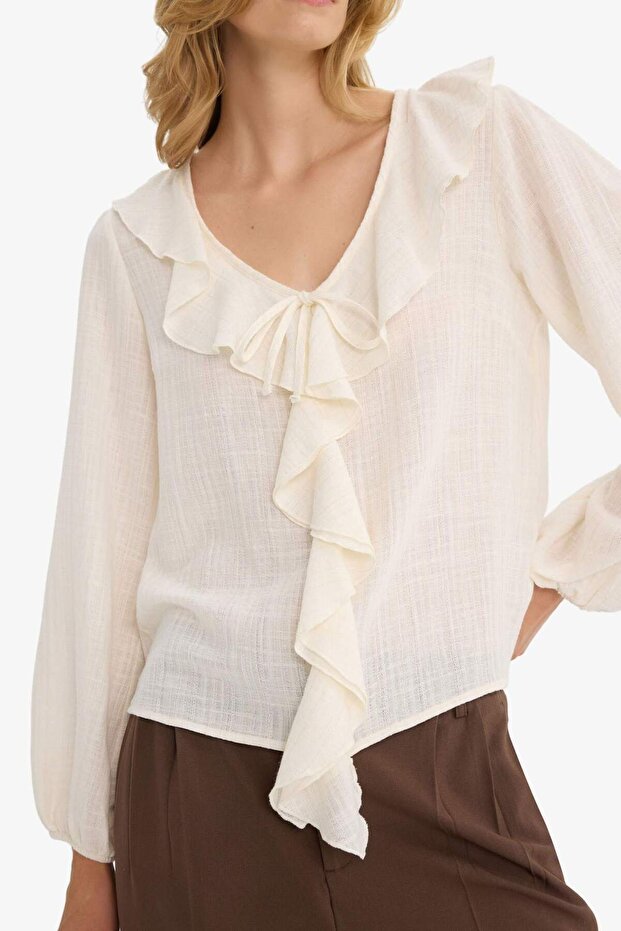 Regular Fit V Yaka Volanlı Pamuklu Uzun Kollu Bluz F9895AX25AU - 3