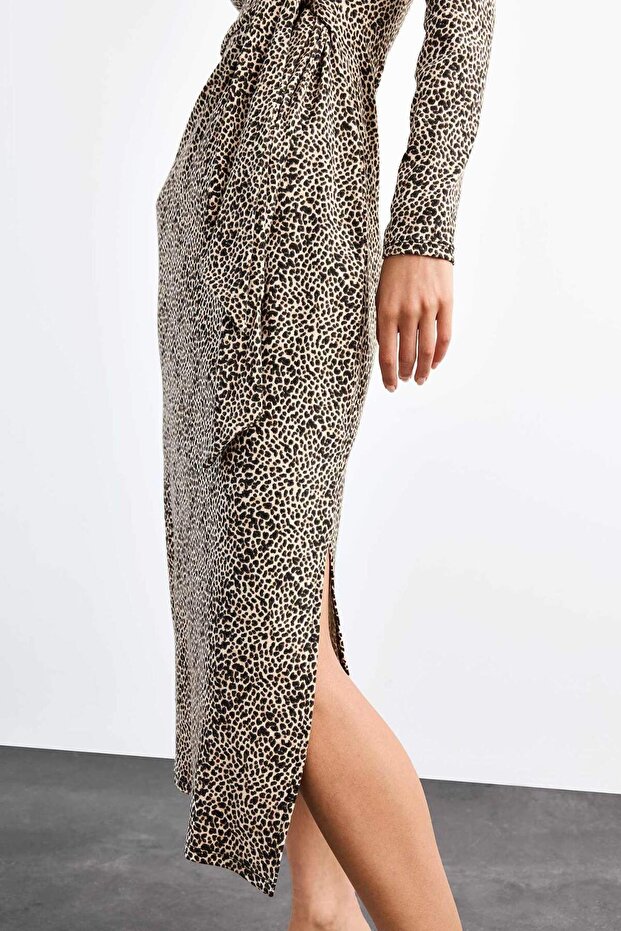 Leopar Desenli Twill Uzun Kollu Midi Elbise G0737AX25SM - 3