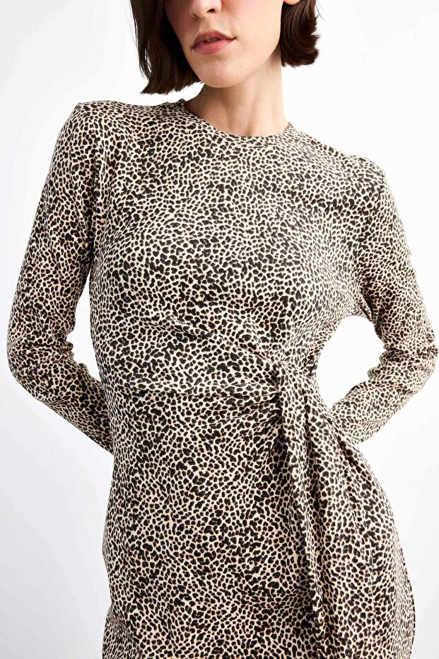 Leopar Desenli Twill Uzun Kollu Midi Elbise G0737AX25SM - 4
