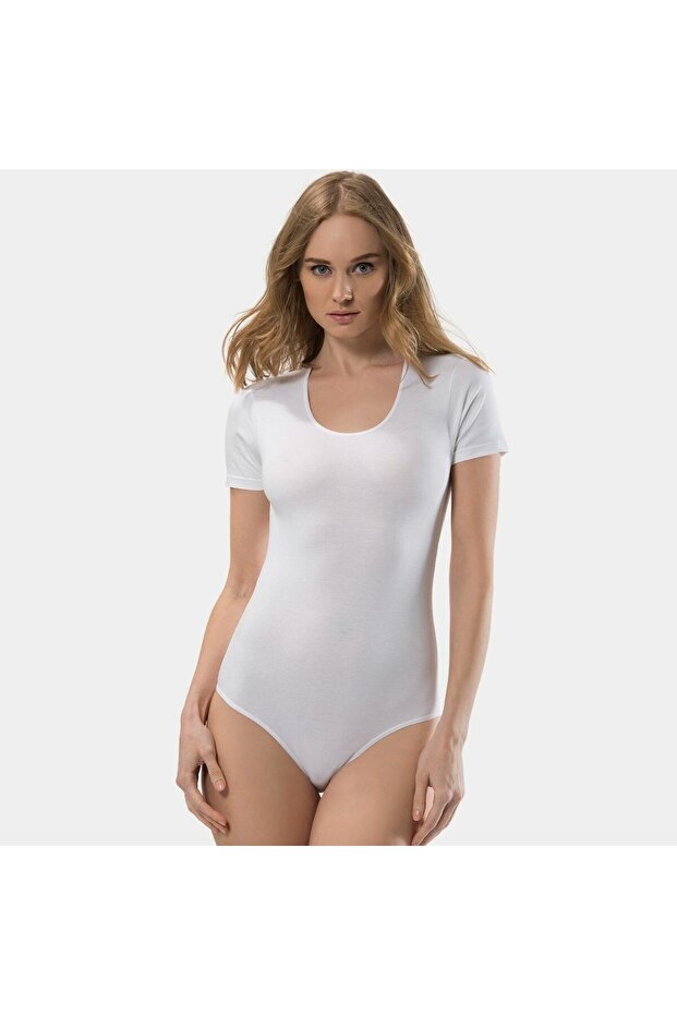 Women's U-Neck Short Sleeve Cotton Bodysuit with Snap Fasteners 299/White