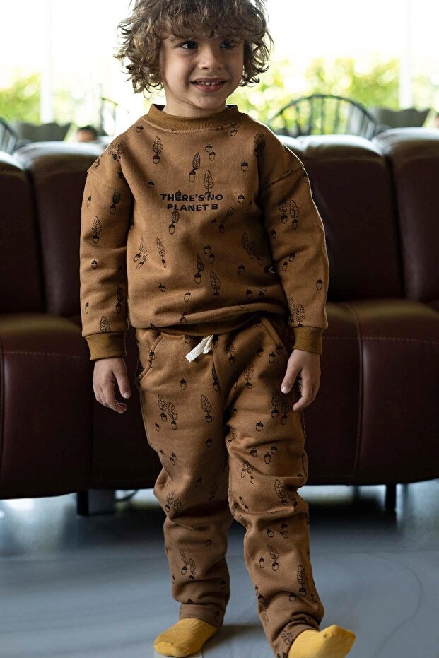 Children's Tracksuit Set with Furry Inside, Brown Hazelnut Patterned Organic Cotton