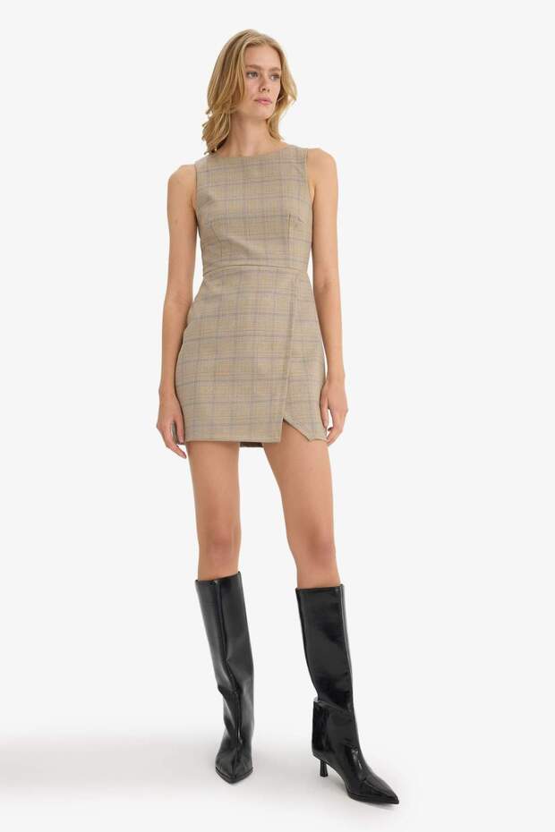 Crew Neck Checked Sleeveless Mini Dress F9104Ax25Au