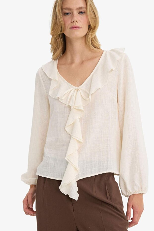 Regular Fit V Yaka Volanlı Pamuklu Uzun Kollu Bluz F9895AX25AU - 1