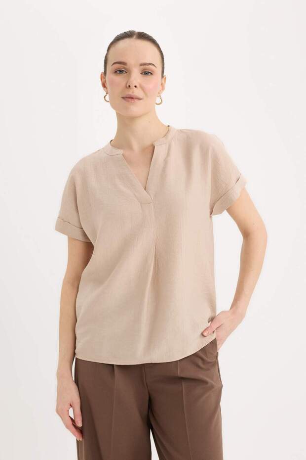 Regular Fit Bisiklet Yaka Krinkıl Kumaş Kısa Kollu Bluz D8682AX25SP - 4