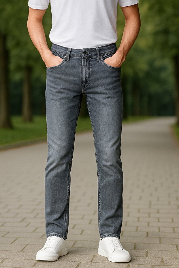 Premium High Quality Men's Classic 5-Pocket High Waist Regularfit Stretchy Pipe Leg Trousers Gray C366