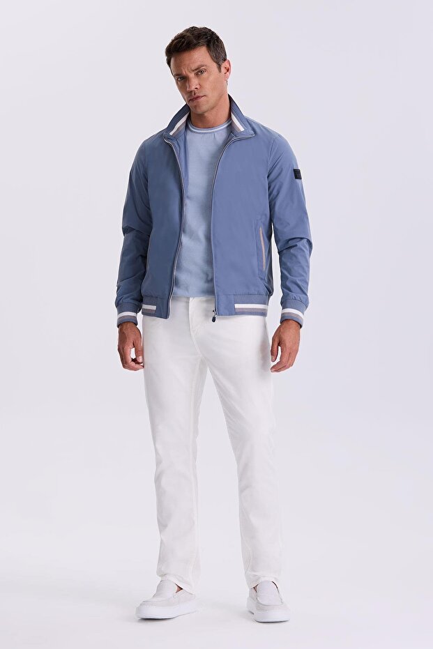 Blue Comfort Fit Stand Collar Relaxed Cut Seasonal Coat