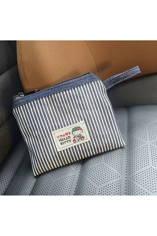 Sevimli Hello Kitty Baskılı Çizgili Küçük Çanta - Bozuk Para / Kartlık / Aksesuar Cüzdanı - 2