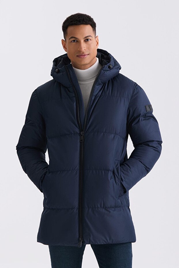 Navy Blue Comfort Fit Hooded Full Filling Winter Coat