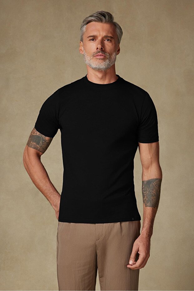 Easy Penye Pamuklu Comfort Fit Siyah Bisiklet Yaka Erkek Düz T-Shirt - 1