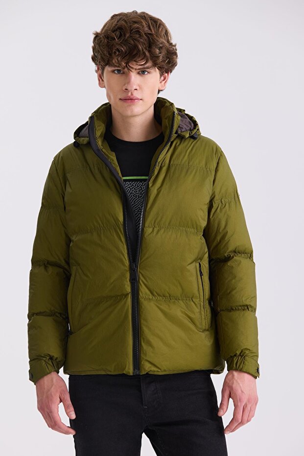 Khaki Comfort Fit Hooded Winter Coat