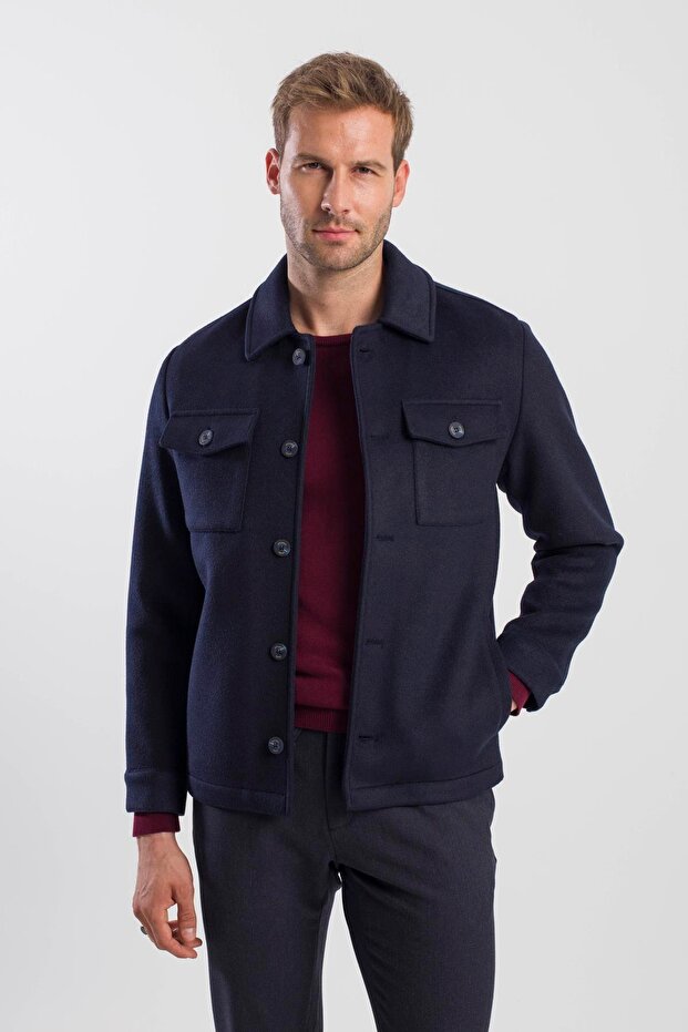 Navy Blue Comfort Fit Baby Collar Woolen Coat