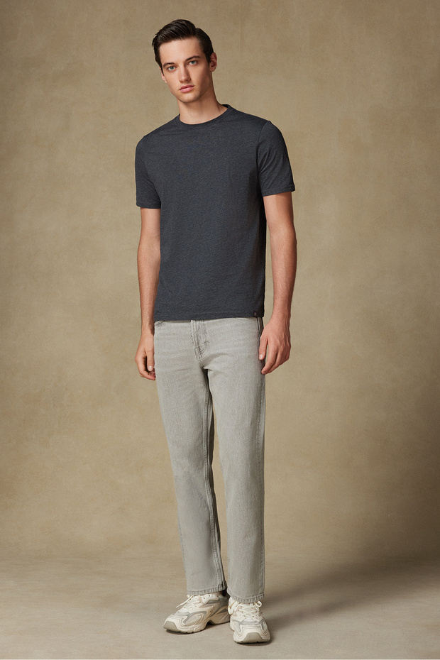 Easy Penye Pamuklu Comfort Fit Koyu Gri Bisiklet Yaka Erkek Düz T-Shirt - 4