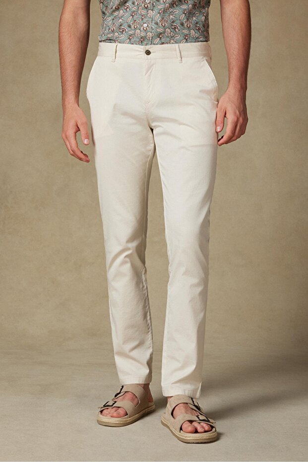 Chino Twill Cotton Blend Slim Fit Cream Men's Straight Trousers