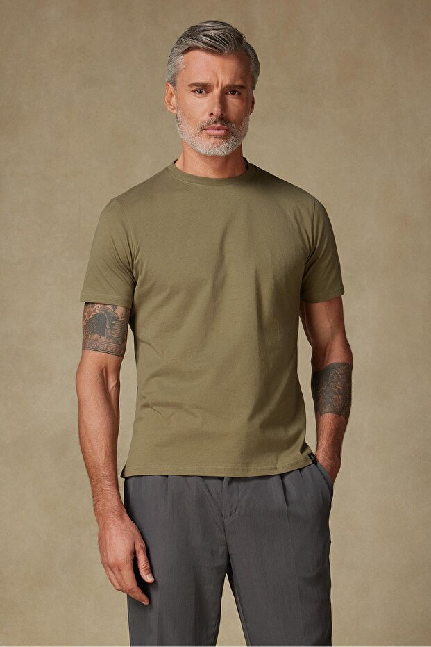 Easy Penye Pamuklu Comfort Fit Haki Bisiklet Yaka Erkek Düz T-Shirt - 1