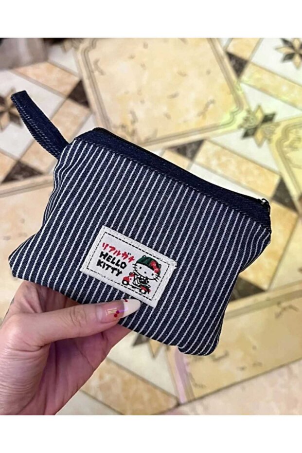 Sevimli Hello Kitty Baskılı Çizgili Küçük Çanta - Bozuk Para / Kartlık / Aksesuar Cüzdanı - 5