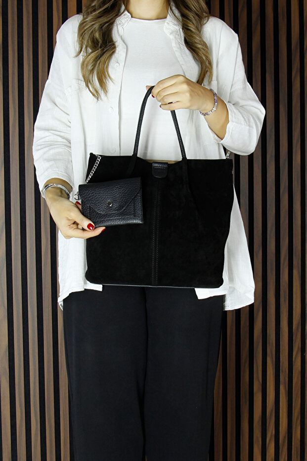 Black Genuine Cowhide Suede Magnetic Closure Inner Pocket Strap Daily Large Size Shoulder Bag and Wallet