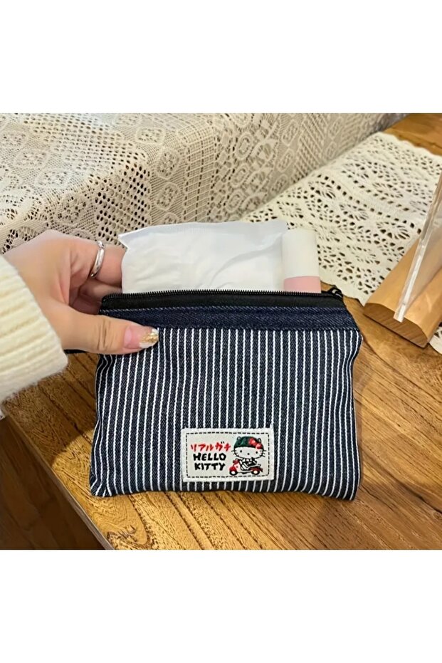 Sevimli Hello Kitty Baskılı Çizgili Küçük Çanta - Bozuk Para / Kartlık / Aksesuar Cüzdanı - 1