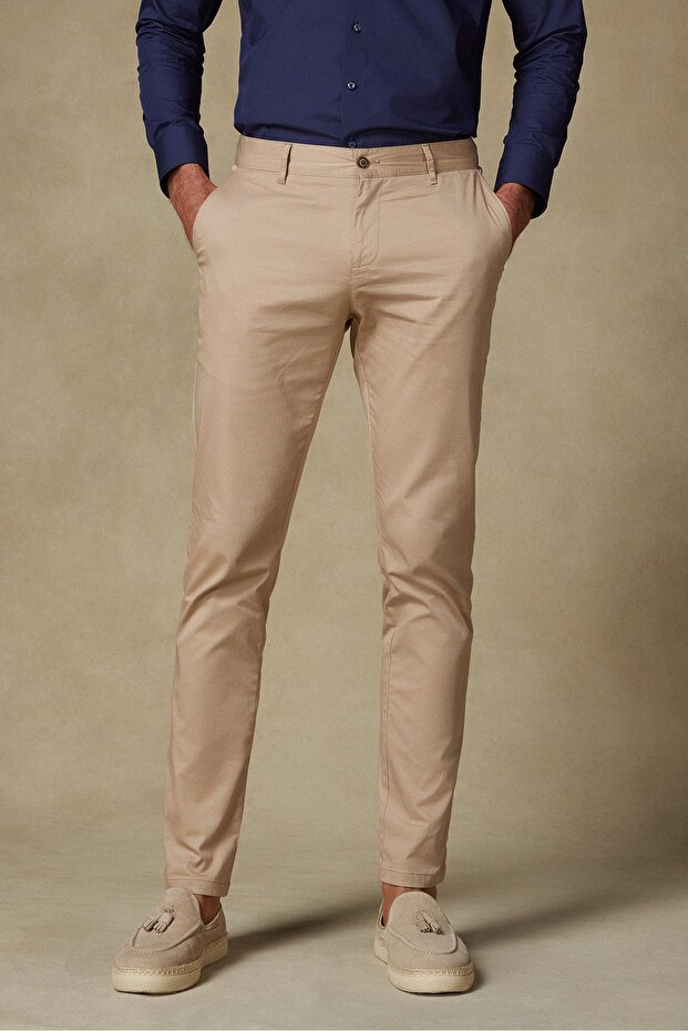 Chino Twill Cotton Blend Slim Fit Beige Men's Straight Trousers