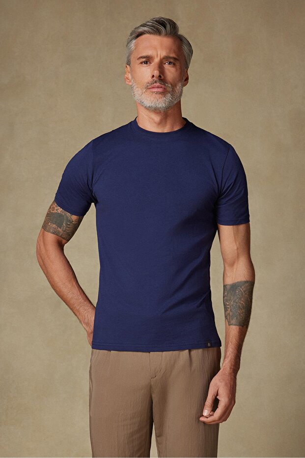 Easy Penye Pamuklu Comfort Fit Lacivert Bisiklet Yaka Erkek Düz T-Shirt - 1