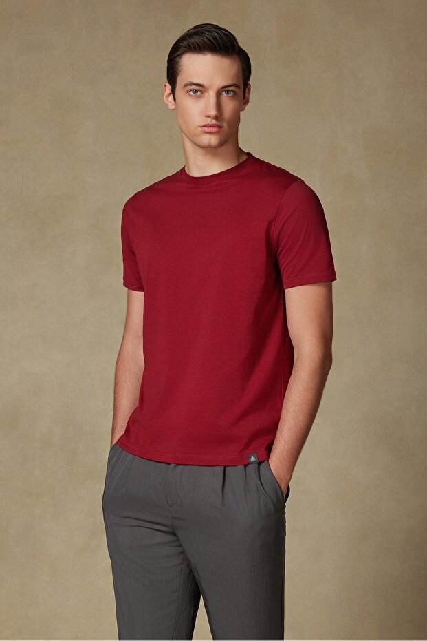 Easy Penye Pamuklu Comfort Fit Bordo Bisiklet Yaka Erkek Düz T-Shirt - 1