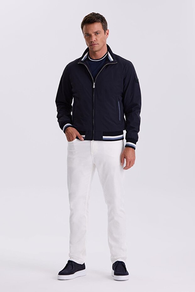 Navy Blue Comfort Fit Stand Collar Relaxed Cut Seasonal Coat