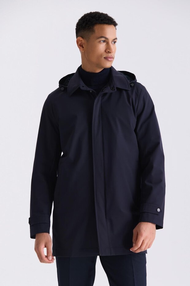 Navy Blue Comfort Fit Hooded Classic Model Coat with Hidden Zipper