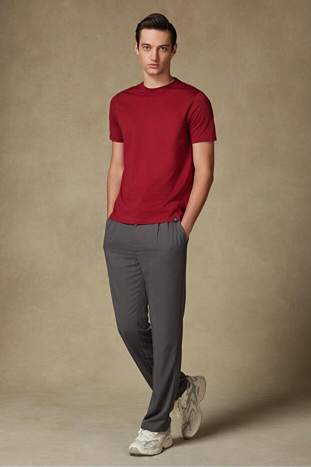 Easy Penye Pamuklu Comfort Fit Bordo Bisiklet Yaka Erkek Düz T-Shirt - 4