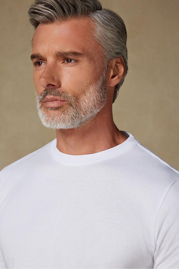 Easy Penye Pamuklu Comfort Fit Beyaz Bisiklet Yaka Erkek Düz T-Shirt - 3