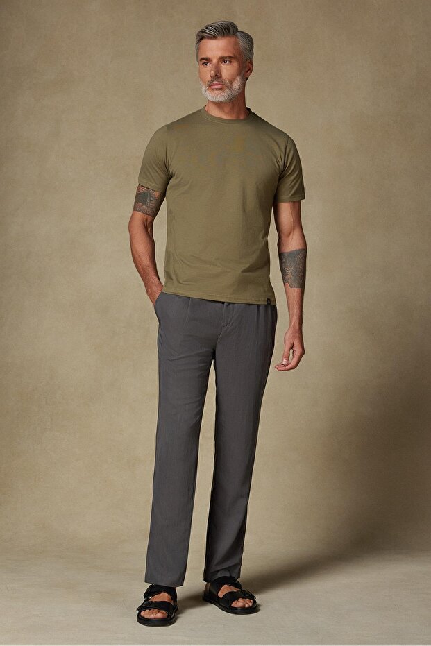 Easy Penye Pamuklu Comfort Fit Haki Bisiklet Yaka Erkek Düz T-Shirt - 4