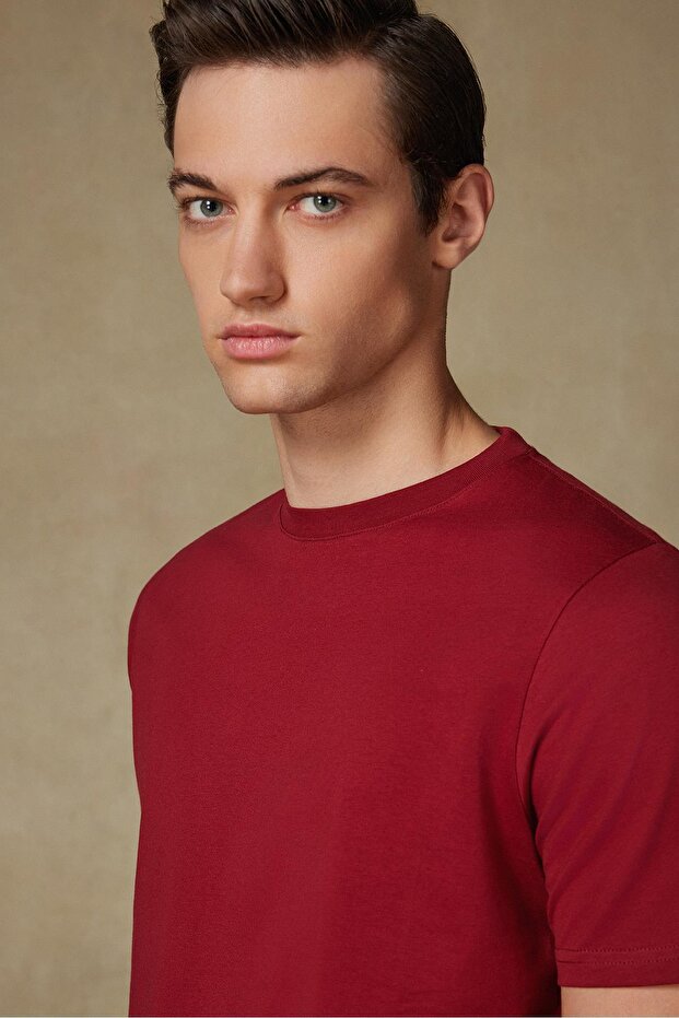 Easy Penye Pamuklu Comfort Fit Bordo Bisiklet Yaka Erkek Düz T-Shirt - 3