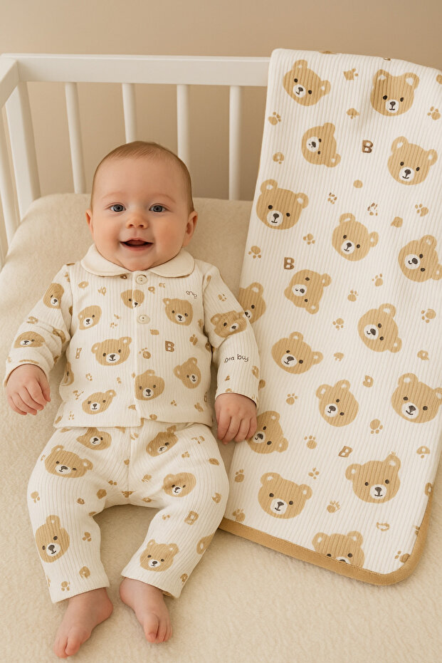 Corded Fabric (3 Pieces) Teddy Bear Pattern Swaddled Baby Set