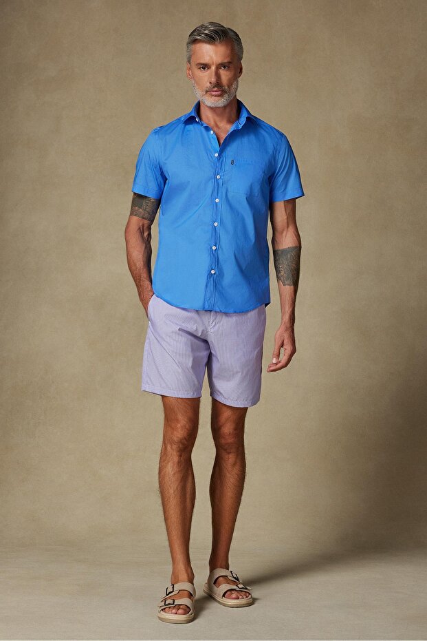Sky Poplin Cotton Comfort Fit Purple Men's Striped Shorts