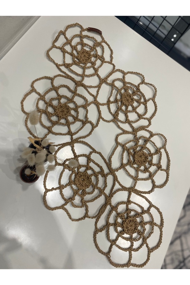 Bohem kâğıt ip runner, çiçek desenli tasarım runner, hasır masa servisi - 4