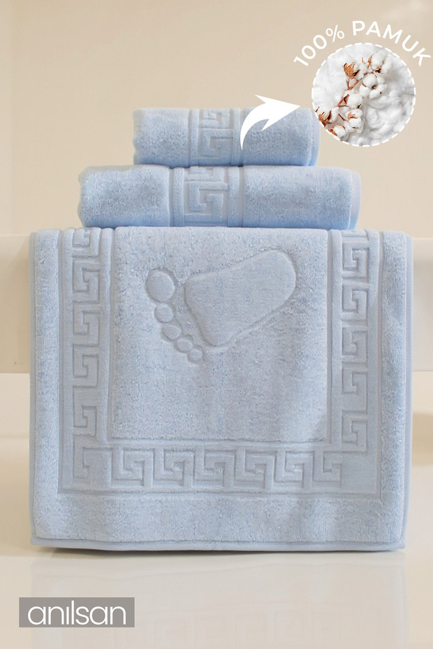3'lü Mavi Greek Havlu Seti %100 Pamuk - 1 Adet El Havlusu 1 Adet Yüz Havlusu ve 1 Adet Banyo Havlus - 1