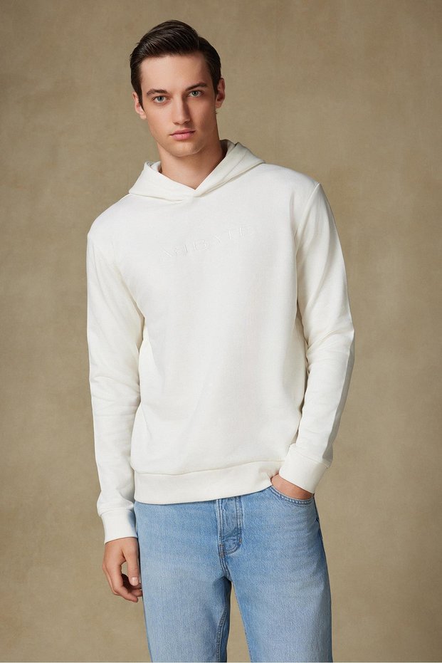 Hoodie Knitted Fabric Cotton Comfort Fit White Crew Neck Men's Embroidered Hoodie