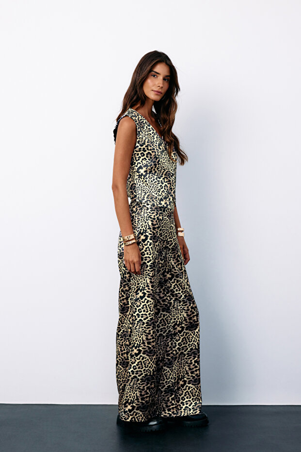 Leopard Patterned Satin Trousers - Gray - 4