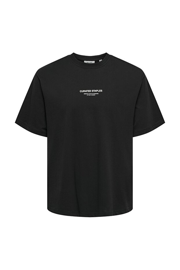 تي شيرت رجالي أسود مطبوع بياقة مسطحة ONSCURATED RLX PRINT SS TEE NOOS