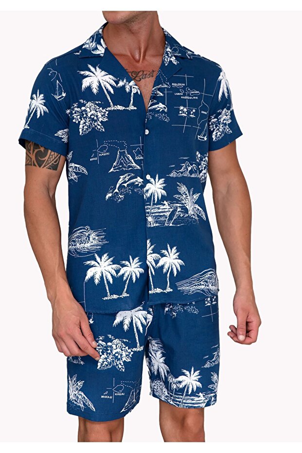 Blue Palm Tree Relaxed Fit Short Sleeve Loose Lapel Collar Summer Shirt Shorts Set