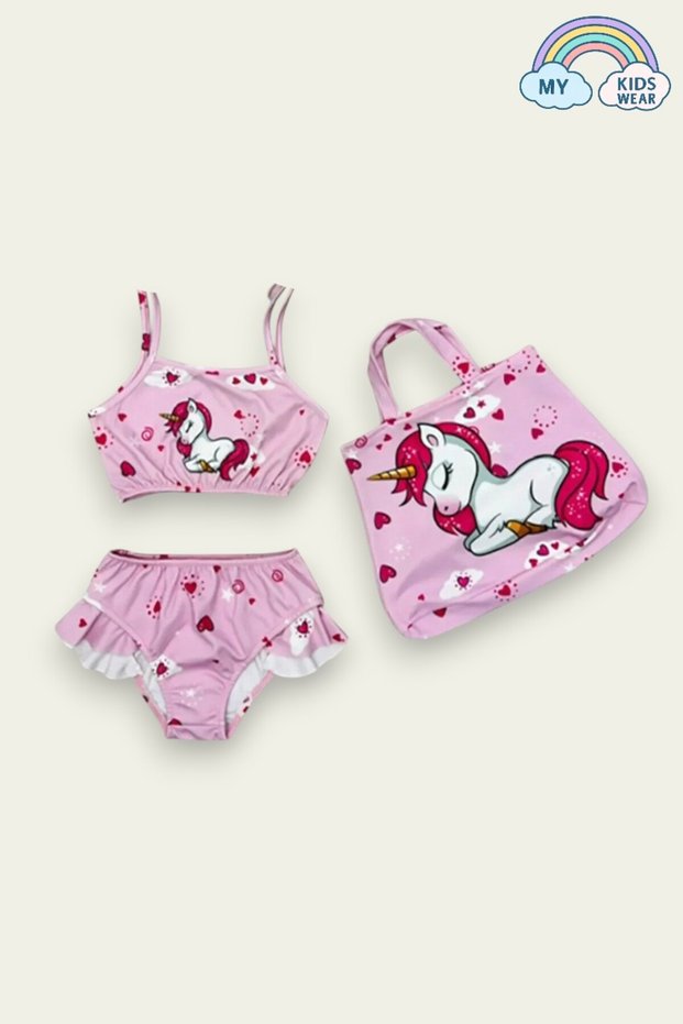 Girls' Frilled Bikini Set with Bag and Printed Girls' Swimsuit