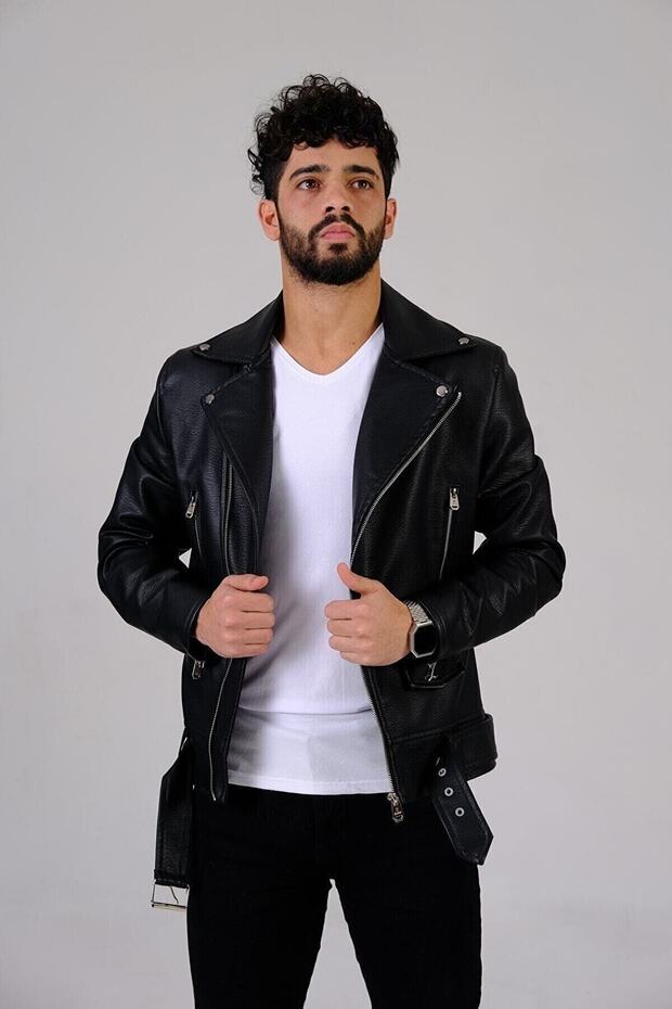 سترة ومعطف جلدي أسود للرجال