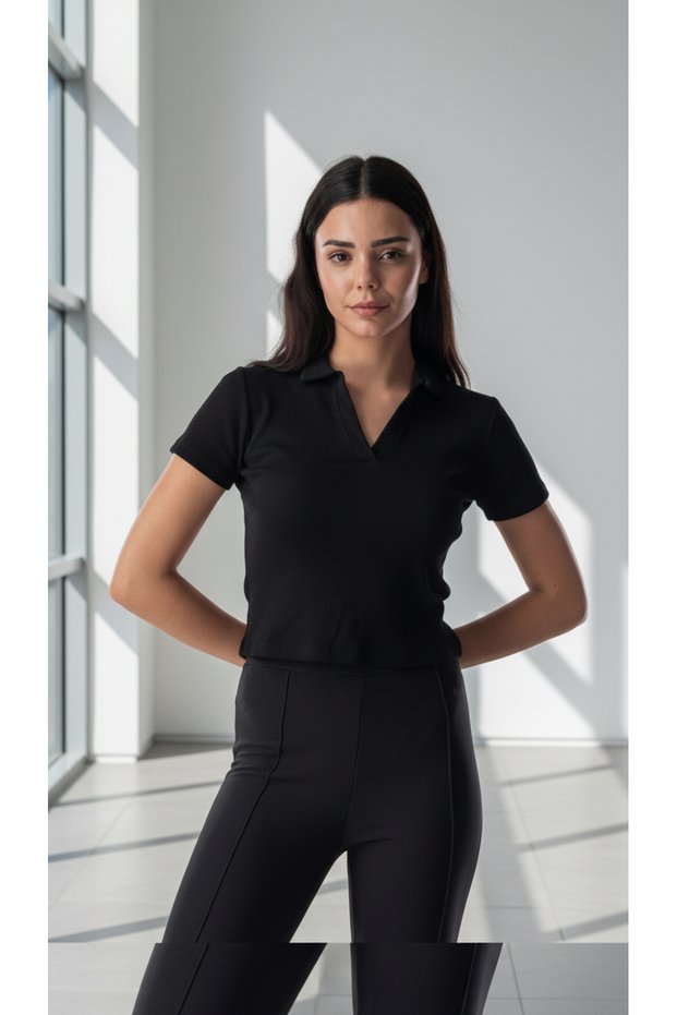 Women's Polo Neck Black Ribbed Camisole Short Sleeve T-Shirt