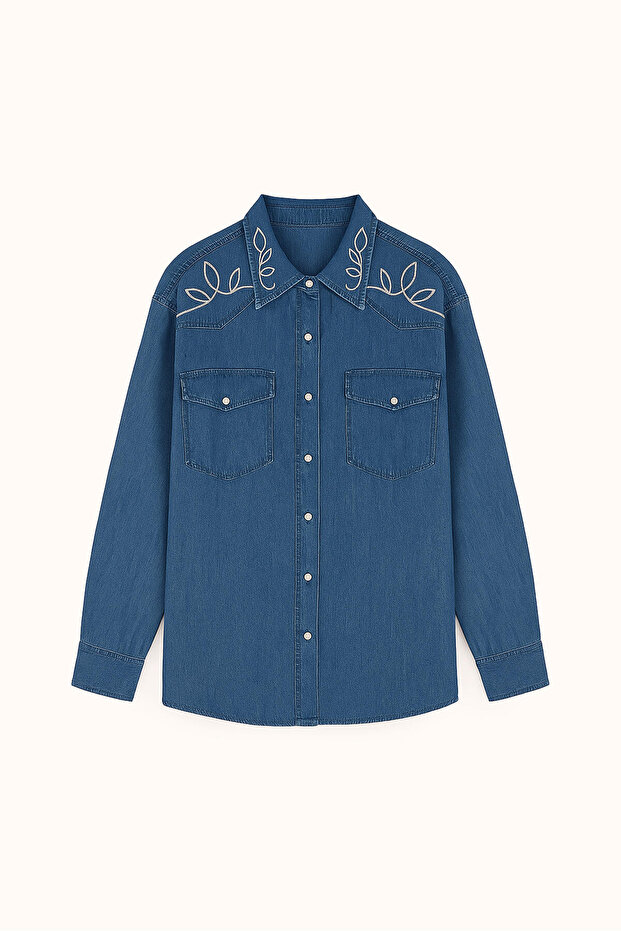 Shirt with Embroidery on the Shoulder and Denim Effect