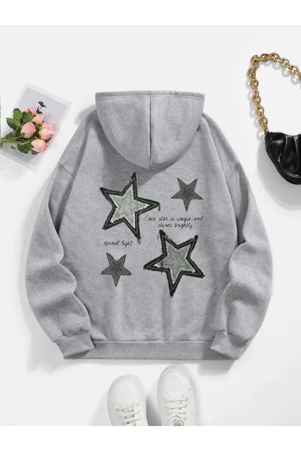 سويت شيرت بقلنسوة كبير الحجم مطبوع عليه نجمة للجنسين
