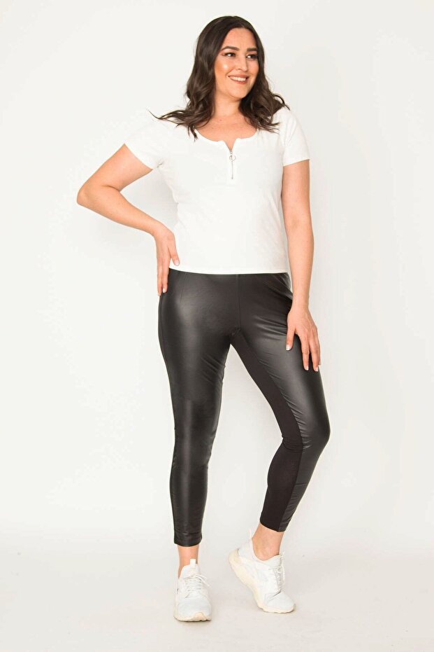Women's Large Size Black Faux Leather Coated Back Viscose Fabric Leggings Trousers 65n30030