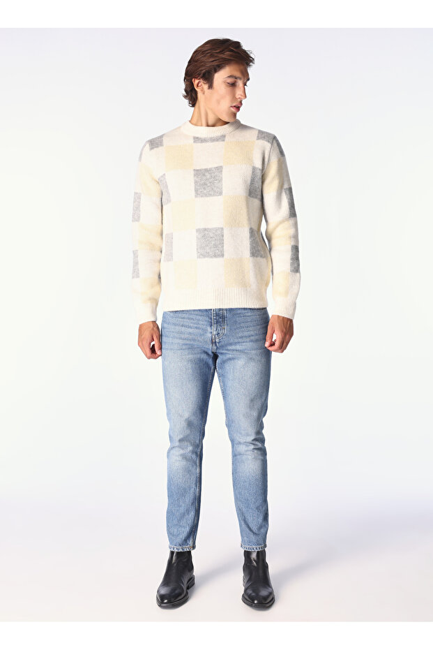 Erkek Ekru Bisiklet Yaka Relaxed Kareli Kazak F4WM-KZK 2723 - 3